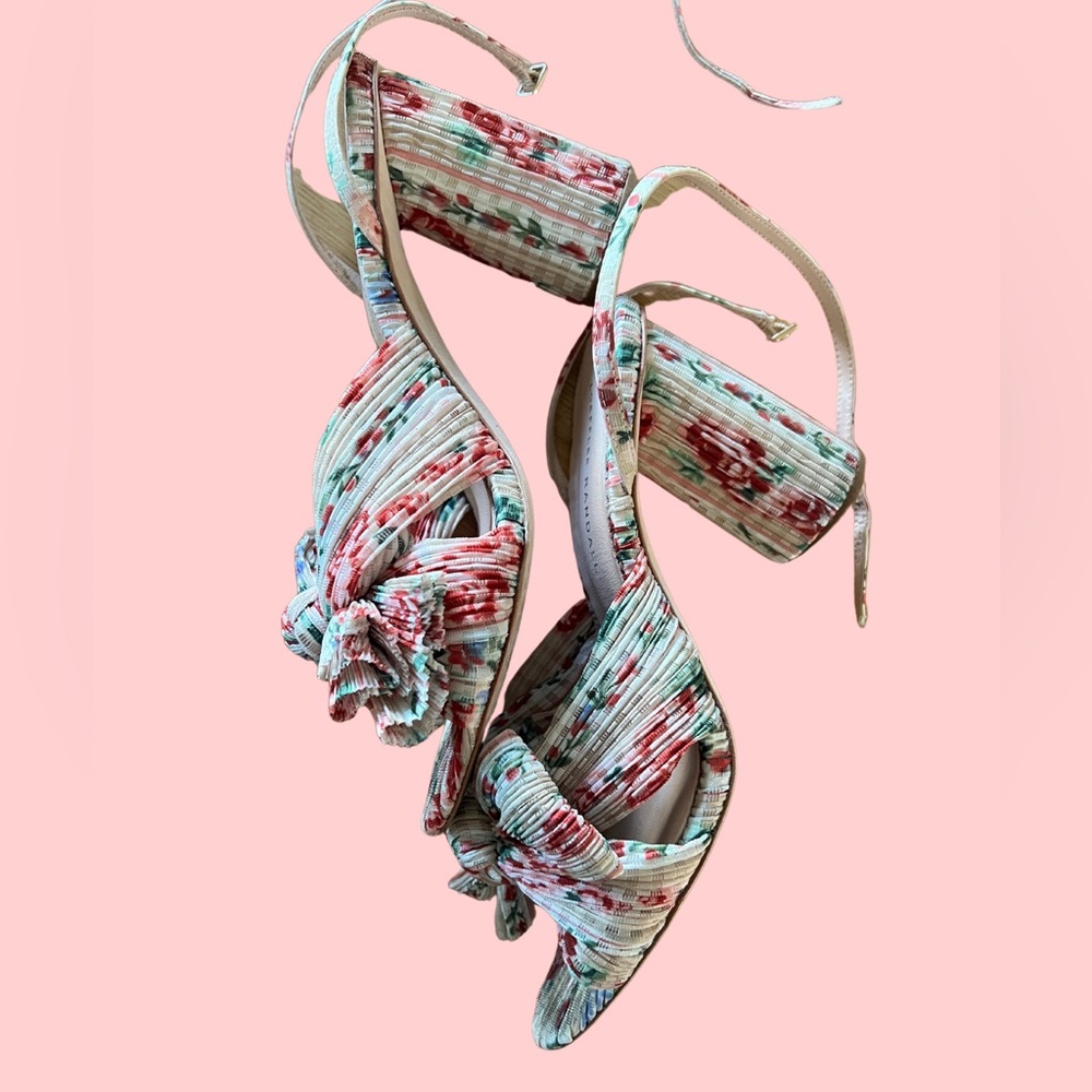 Loeffler Randall Camellia Heeled Sandals Pink Painterly Floral size 9. Worn once